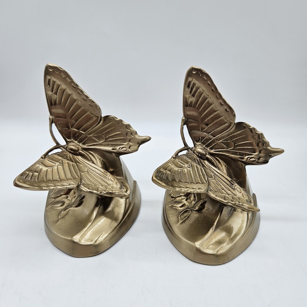 Vintage PM Craftmans Brass Butterflies Bookends Art Nouveau Set of 2 Butterfly